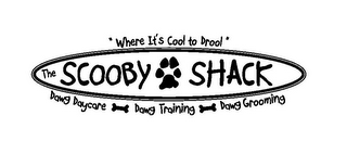 THE SCOOBY SHACK "WHERE IT'S COOL TO DROOL" DAWG DAYCARE DAWG TRAINING DAWG GROOMING logo
