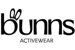 THE STYLIZED WORDING "BUNNS" WITH A SET OF UPRIGHT RABBIT EARS EMERGING FROM THE TOP CURVED PORTION OF THE LETTER "B". BELOW THIS, THE WORD "ACTIVEWEAR" APPEARS IN A SMALLER, CLEAN, SANS-SERIF UPPERCASE FONT. logo