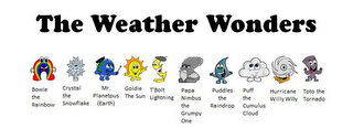 THE WEATHER WONDERS BOWIE THE RAINBOW CRYSTAL THE SNOWFLAKE MR. PLANETPUS (EARTH) GOLDIE THE SUN T'BOLT LIGHTNING PAPA NIMBUS THE GRUMPY ONE PUDDLES THE RAINDROP PUFF THE CUMULUS CLOUD HURRICANE WILLY WILLY TOTO THE TORNADO logo