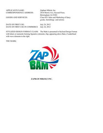 THE WORD ZAP UNDERLINED WITH WAVE ELEMENTS TO THE RIGHT SIDE ABOVE THE WORD BAM logo