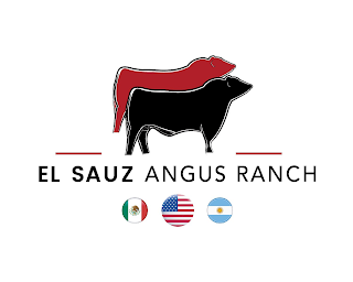 THE WORDING EL SAUZ ANGUS RANCH AND TWO COWS, A MEXICAN FLAG, AN AMERICAN FLAG, AND AN ARGENTINA FLAG. logo