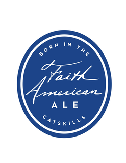 THE  WORDS FAITH AMERICAN ARE IN SCRIPT INSIDE THE OVAL.  THE WORD ALE IS IN BLOCK PRINT.   ALL WRITING IS IN WHITE AGAINST A BLUE BACKGROUND. logo