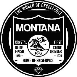 THE WORLD OF EXCELLENCE MONTANA CRYSTAL GLIDE FINISH 1980 FIRST STONE GRINDER 1976 1939 HOME OF SKISERVICE logo