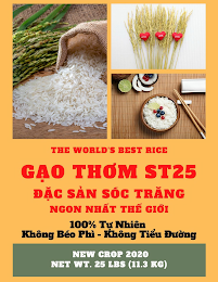 THE WORLD'S BEST RICE GAO THOM ST25 DAC SAN SOC TRANG NGON NHAT THE GIOI 100% TU NHIEN KHONG BEO PHI - KHONG TIEU DUONG NEW CROP 2020 NET WT. 25LBS (11.3 KG) logo