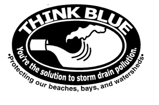 THINK BLUE YOU'RE THE SOLUTION TO STORM DRAIN POLLUTION.  PROTECTING OUR BEACHES, BAYS, AND WATERSHEDS logo