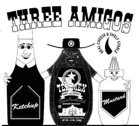 THREE AMIGOS TEX-MEX HOT AND SPICY OLD SOUTH TRADING COMPANY SQUEEZABLE CHEESE SAUCE, CHEESE CONDIMENT, PASTEURIZED PROCESS CHEESE SAUCE, NET WT. 12 OZ (340G), REAL CHEESE & SHELF STABLE KETCHUP MUSTARD logo