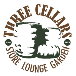 THREE, CELLARS, WINE, BEER, STORE, LOUNGE, GARDEN logo