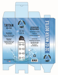 THREE DROPS OF LIFE, 32 OZ, 1000 ML, 7AM, 8 OZ, 9AM, 16 OZ, 11AM, 24 OZ, 1PM, 32 OZ, TRITAN, BPA FREE, MEET YOUR DAILY INTAKE GOALS, TRACK YOUR DAILY WATER INTAKE WITH TIME MARKED DESIGN., HIGH CAPACITY HYDRATION, TRANSPARENT DESIGN FOR EASY MONITORING OF YOUR DAILY WATER ALLOWANCE. HYDRATION REIMAGINED, TOUGH AND IMPACT RESISTANT, FLIP TOP CAP, CONVENIENT CARRYING HANDLE, INSTRUCTIONS, RECOMMENDED HAND WASH ONLY. RINSE WITH WARM SOAPY WATER BEFORE FIRST USE. THIS PRODUCT IS NON-MICROWAVE SAFE. MADE IN CHINA, THREEDROPSOFLIFE.COM, 8 64413 00032 9, 32 OZ WATER BOTTLE logo