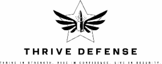 THRIVE DEFENSE THRIVE IN STRENGTH. RISE IN CONFIDENCE. LIVE IN SECURITY. logo