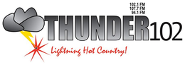THUNDER 102 LIGHTNING HOT COUNTRY! 102.1 FM 107.7 FM 94.1 FM logo