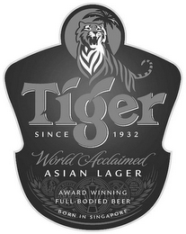 TIGER SINCE 1932 WORLD ACCLAIMED ASIAN LAGER AWARD WINNING FULL-BODIED BEER BORN IN SINGAPORE logo