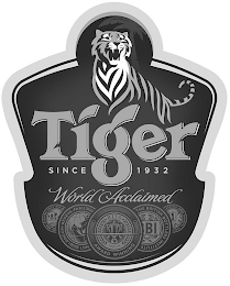 TIGER SINCE 1932 WORLD ACCLAIMED BREWING SINCE 1932, LONDON GENEVA, BILA 1998-99 AWARD WINNING, THE BRITISH BOTTLES INSTITUTE AND LAGERING logo