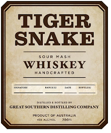 TIGER SNAKE SOUR MASH WHISKEY HANDCRAFTED SIGNATORY BATCH NO DATE BOTTLE NO DISTILLED & BOTTLED BY GREAT SOUTHERN DISTILLING COMPANY PRODUCT OF AUSTRALIA 43% ALC/ 700ML logo