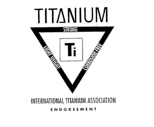 TITANIUM STRONG LIGHT WEIGHT CORROSION FREE INTERNATIONAL TITANIUM ASSOCIATION ENDORSEMENT TI logo