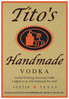 TITO'S HANDMADE VODKA AWARD WINNING AMERICAN VODKA CRAFTED IN AN OLD FASHIONED POT STILL AUSTIN TEXAS DISTILLED & BOTTLED BY FIFTH GENERATION, INC. AUSTIN, TX. 40% ALC./VOL. logo