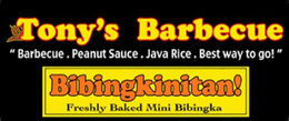 TONY'S BARBECUE "BARBECUE. PEANUT SAUCE. JAVA RICE. BEST WAY TO GO!" BIBINGKINITAN! FRESHLY BAKED MINI BIBINGKA logo