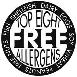 TOP EIGHT ALLERGENS FREE DAIRY EGGS SOY WHEAT PEANUTS TREE NUTS FISH SHELLFISH logo