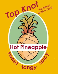 TOP KNOT HOT SAUCE WITH A TWIST HOT PINEAPPLE SWEET TANGY SPICY logo