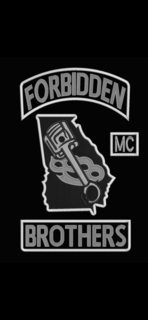 TOP WORDING WITH FORBIDDEN ENCLOSED IN A BORDER. STATE OF GEORGIA OUTLINE ENCOMPASSING A PISTON AND BRASS KNUCKLES. LETTERS MC ENCLOSED IN A SQUARE BORDER.  BOTTOM WORDING WITH BROTHERS ENCLOSED IN A BORDER. logo