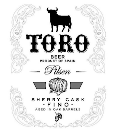 TORO BEER PRODUCT OF SPAIN PILSEN SHERRY CASK FINO AGED IN OAK BARRELS logo
