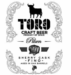 TORO CRAFT BEER PRODUCT OF SPAIN PILSEN SHERRY CASK FINO AGED IN OAK BARRELS logo