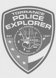 TORRANCE POLICE EXPLORER EST. 1921 A BALANCED CITY TORRANCE CA INDUSTRIAL RESIDENTIAL COMMERCIAL logo