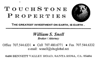 TOUCHSTONE PROPERTIES THE GREATEST INVESTMENT ON EARTH, IS EARTH. logo