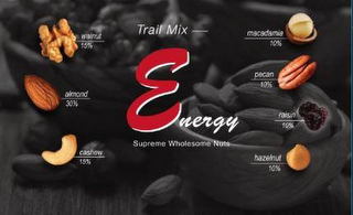 TRAIL MIX ENERGY SUPREME WHOLESOME NUTS WALNUT 15% ALMOND 30% CASHEW 15% MACADAMIA 10% PECAN 10% RAISIN 10% HAZELNUT 10% logo