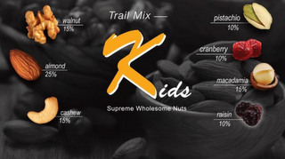 TRAIL MIX KIDS SUPREME WHOLESOME NUTS WALNUT 15% ALMOND 25% CASHEW 15% PISTACHIO 10% CRANBERRY 10% MACADAMIA 15% RAISIN 10% logo