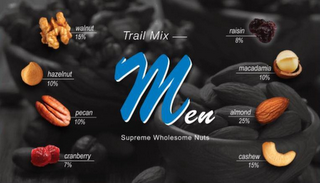 TRAIL MIX MEN SUPREME WHOLESOME NUTS WALNUT 15% HAZELNUT 10% PECAN 10% CRANBERRY 7% RAISIN 8% MACADAMIA 10% ALMOND 25% CASHEW 15% logo