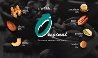 TRAIL MIX ORIGINAL SUPREME WHOLESOME NUTS WALNUT 20% ALMOND 25% CASHEW 15% MACADAMIA 10% PECAN 10% PISTACHIO 10% HAZELNUT 10% logo