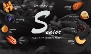TRAIL MIX SENIOR SUPREME WHOLESOME NUTS WALNUT 15% BLUEBERRY 7% HAZELNUT 10% PECAN 10% ALMOND 25% MACADAMIA 10% RAISIN 8% CASHEW 15% logo