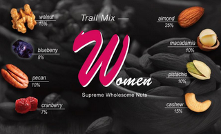 TRAIL MIX WOMEN SUPREME WHOLESOME NUTS WALNUT 15% BLUEBERRY 8% PECAN 10% CRANBERRY 7% ALMOND 25% MACADAMIA 10% PISTACHIO 10% CASHEW 15% logo