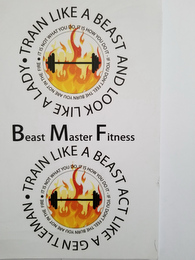 TRAIN LIKE A BEAST AND LOOK LIKE A LADY, IT IS NOT WHAT YOU DO, IT IS HOW YOU DO IT, IF YOU DON'T FEEL THE BURN YOU ARE NOT IN THE FIRE, BEAST MASTER FITNESS, TRAIN LIKE A BEAST ACT LIKE A GENTLEMAN. IT IS NOT WHAT YOU DO, IT IS HOW YOU DO IT, IF YOU DON'T FEEL THE BURN YOU ARE NOT IN THE FIRE logo