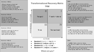 TRANSFORMATIONAL RECOVERY MATRIX TRM I II III IV TRAPPED TRANSFORMATIONAL TRIVIAL TRANSACTIONAL  ACTION AWARENESS/ ATTITUDE ACTIONS DEEP PERSONAL REFLECTION AND ACCOUNTABILITY ACTIVE ENGAGEMENT IN RECOVERY GROUPS AND THERAPY PRACTICE RIGOROUS HONESTY WITH SELF AND OTHERS IMPLEMENT SPIRITUAL DISCIPLINES BUILD AND MAINTAIN HEALTHY BOUNDARIES SEEK MENTORSHIP AND SUPPORT/MENTOR/SPONSOR OTHERS I ACTION: RECOGNIZE DESTRUCTIVE PATTERNS BUT DELAYING ACTION ENGAGE IN SELF-DECEPTION OR JUSTIFICATION HALF-HEARTED PARTICIPATION IN RECOVERY  EFFORTS AVOID FULL TRANSPARENCY WITH OTHERS MINIMIZE THE SEVERITY OF ADDICTION ACTIONS: PRIORITIZE TEMPORARY FIXES OVER TRUE HEALING FOCUS ON EXTERNAL BEHAVIORS WITHOUT INTERNAL CHANGE DISTRACT WITH BUSYNESS( WORK, HOBBIES, SOCIAL MEDIA) SEEK VALIDATION FROM OTHERS RATHER THAN TRUE HEALING ACTIONS: CHECKLIST OF TASKS WITHOUT REAL CHANGE VIEW RECOVERY AS A LIST OF RULES RATHER THAN HEART CHANGE ENGAGE IN LEGALISTIC OR PERFORMANCE-BASED SPIRITUALITY GO THROUGH THE MOTIONS IN ACCOUNTABILITY SEEK TEMPORARY RELIEF RATHER THAN TRUE FREEDOM QUADRANT I: LIVING IN INTEGRITY ++ QUADRANT II: LIVING IN CAPTIVITY-+ QUADRANT III: LIVING IN DENIAL -- QUADRANR IV: LIVING IN COMPLIANCE +-  AWARENESS / ATTITUDE: - WILLING TO CHANGE AT A HEART LEVEL - SURRENDER TO GOD THE FATHER - HUMILITY, BROKENESS, AND TEACHABILITY - GRATITUDE FOR GROWTH AND PROGRESS - COMMITMENT TO LIFELONG RECOVERY AND HEALING AWARENESS / ATTITUDE: - FEAR OF TRUE SURRENDER - SHAME, SECRECY, AND ISOLATION - STRUGGLE WITH SELF-WORTH AND IDENTITY - RESISTANT TO DEEP CHANGE - HOPELESS OR DOUBT ABOUT RECOVERY AWARENESS / ATTITUDE: - SUPERFICIAL COMMITMENT TO RECOVERY - DEFENSIVE WHEN CHALLENGED - AVOID OF DEEP EMOTIONAL WORK - SEEK COMFORT OVER REAL GROWTH AWARENESS / ATTITUDE: - COMPLIANT WITHOUT CONVICTION - PRIDE IN SEF-SUFFICIENCY - LACK OF TRUE REPENTANCE OR SURRENDER - VIEW RECOVERY AS AN OBLIGATION RATHER THAN AN OPPORTUNITY logo