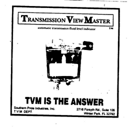TRANSMISSION VIEW MASTER AUTOMATIC TRANSMISSION FLUID LEVEL INDICATOR TVM IS THE ANSWER logo