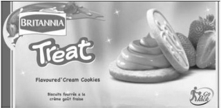 TREAT BRITANNIA FLAVOURED CREAM COOKIESBISCUITS FOURRES A LA CREME GOUT FRAISE GO PACK logo