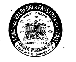 TREVI BRAND ROMA SOC.VALDRONI & FAUSTINI A.R.L. ITALY GENUINE PECORINO ROMAN CHEESE FROM PARTLY SKIMMED MILK PRODUCT OF ITALY logo
