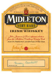 TRIPLE DISTILLED BY JOHN JAMESON & SON IN MIDLETON COUNTY CORK SINE METU MIDLETON VERY RARE IRISH WHISKEY JOHN JAMESON & SON'S SUPREME SELECTION FROM THE MIDLETON DISTILLERY, COUNTY CORK AGED TO PERFECTION AND BOTTLED IN THE YEAR JOHN JAMESON & SON JOHN JAMESON & SON LIMITED JJ&S BARRY CROCKETT MASTER DISTILLER logo