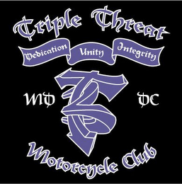 TRIPLE THREAT MOTORCYCLE CLUB, DEDICATION, UNITY, INTEGRITY, MD, DC logo