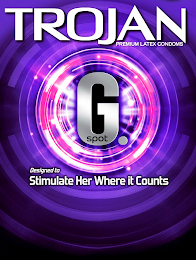 TROJAN PREMIUM LATEX CONDOMS G. SPOT DESIGNED TO STIMULATE HER WHERE IT COUNTS logo