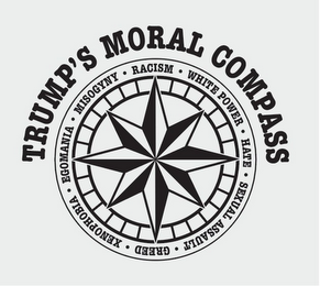 TRUMP'S MORAL COMPASS RACISM · WHITE POWER · HATE · SEXUAL ASSULT · GREED · XENOPHOBIA · EGOMANIA · MISOGYNY logo