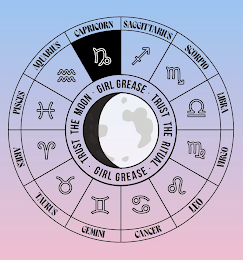 · TRUST THE MOON · GIRL GREASE · TRUST THE RITUAL · SAGGITTARIUS SCORPIO LIBRA VIRGO LEO CANCER GEMINI TAURUS ARIES PISCES AQUARIUS CAPRICORN logo