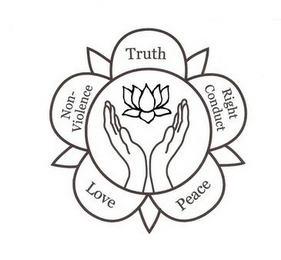 TRUTH. RIGHT. CONDUCT, PEACE, LOVE, NON-VIOLENCE logo