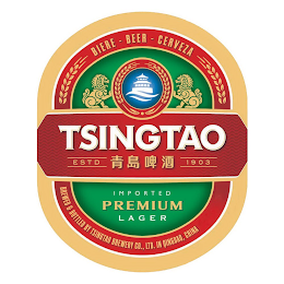 TSINGTAO ESTD 1903 BIERE BEER CERVEZA IMPORTED PREMIUM LAGER BREWED & BOTTLED BY TSINGTAO BREWERY CO., LTD IN QINGDAO CHINA logo