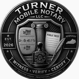 TURNER MOBILE NOTARY LLC EST. 2026 PUBLIC TRUST KENTUCKY NOTARY PUBLIC WITNESS VERIFY CERTIFY TRUSTED TODAY. PROTECTING TOMORROW. logo