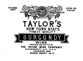 TWCO TAYLOR'S NEW YORK STATE FINEST QUALITY BURGUNDY WINE PRODUCED AND BOTTLED BBY THE TAYLOR WINE COMPANY HAMMONDSPORT, N.Y. U.S.A. ESTABLISHED 1880 logo