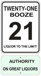 TWENTY-ONE BOOZE 21 LIQUOR TO THE LIMIT! AUTHORITY ON GREAT LIQUOR logo