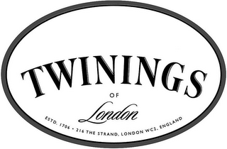 TWININGS OF LONDON ESTD. 1706 · 216 THE STRAND, LONDON WC2, ENGLAND logo