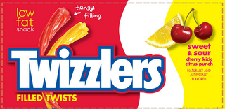 TWIZZLERS FILLED TWISTS LOW FAT SNACK TANGY FILLING SWEET & SOUR CHERRY KICK CITRUS PUNCH NATURALLY AND ARTIFICIALLY FLAVORED logo